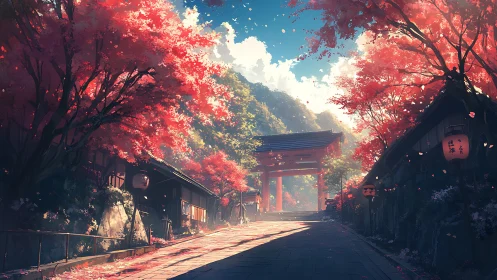 Autumn shrine path under red maple trees at sunrise.