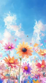 Floral Field Composition Against Blue Sky.