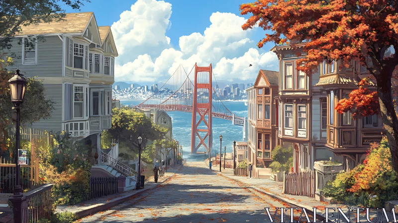 Autumn hilltop avenue gazes toward a sunlit red bay bridge.