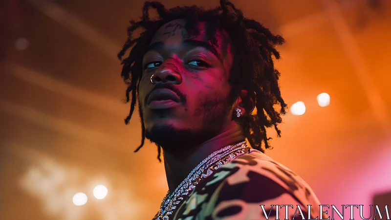 Confident young artist glowing in bold neon stage light.