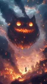 Giant flaming cat demon looms over burning ruined cityscape.