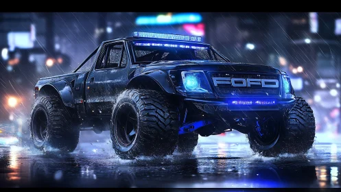 Night-storm off-road truck roaring through neon city rain.