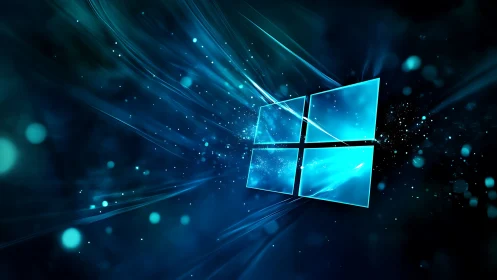 Windows-style blue glass logo with digital light streaks.