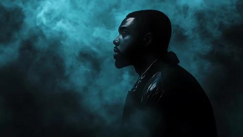 Moody side-profile portrait immersed in teal swirling fog.