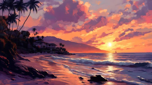 Sunset illuminates tropical coastline with palm trees and surf