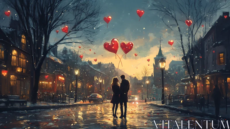 Couple Under Heart-shaped Balloons in Evening Street.