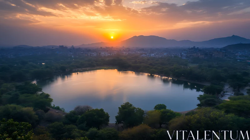 Sunset over urban lake with distant hills and skyline.