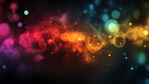 Multicolor bokeh light stream with swirling particle nebula