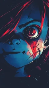 Sinister blue portrait under neon red fracture light.