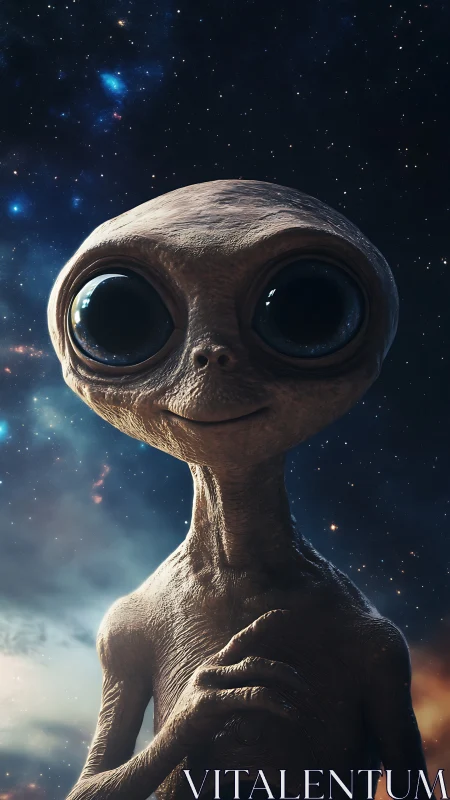 Gentle big eyed alien friend under a starlit cosmic sky.