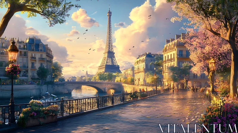 Golden hour Paris riverside glows around Eiffel Tower