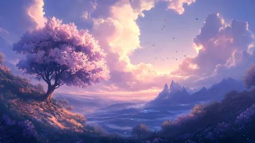 Solitary blooming tree above distant valley at sunset.