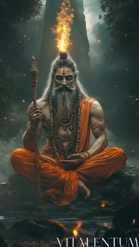Mystic ascetic with flaming crown in twilight jungle scene.