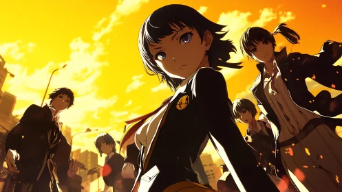 Group of students in city street under orange sky.