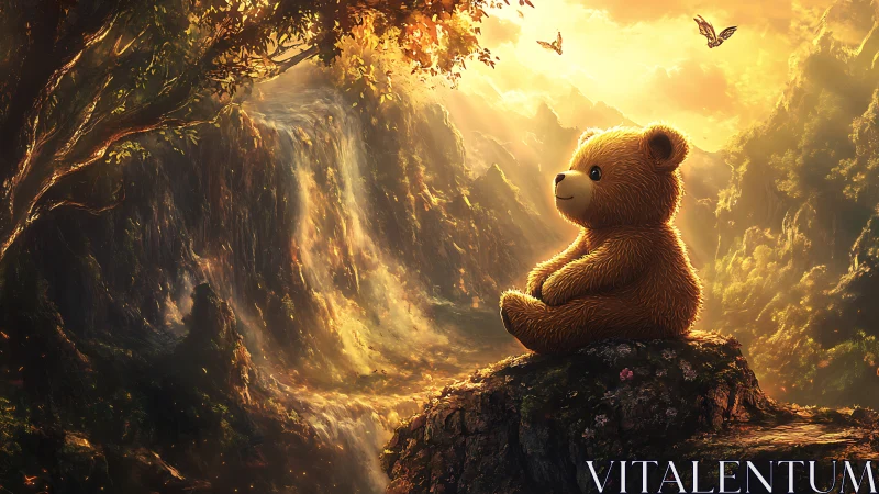 Sunlit teddy bear quietly daydreams beside glowing falls