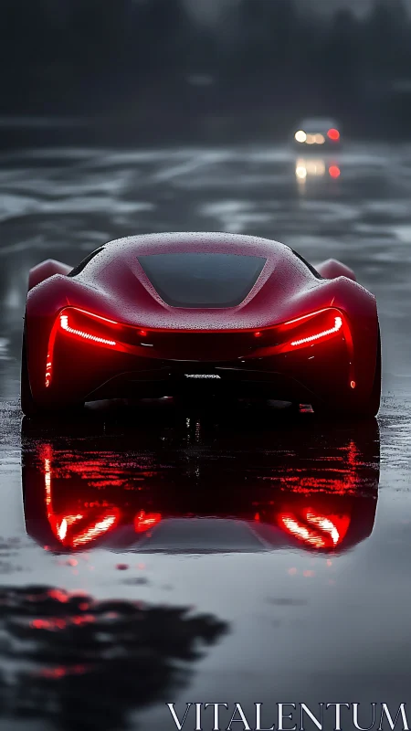 Red futuristic sports car with rear lights on wet road.