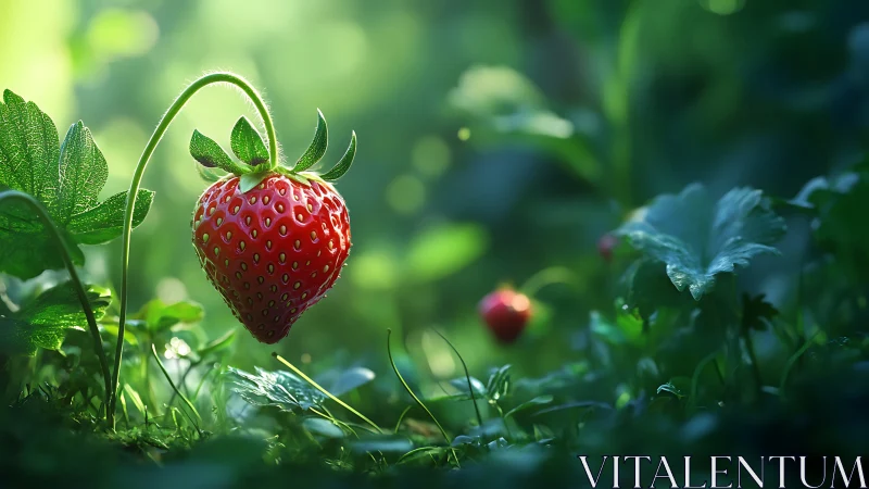 Single ripe strawberry hangs over foliage in soft light