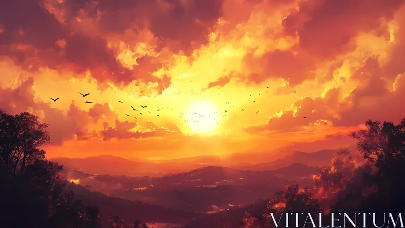 Skyfire sunset over misty valleys and winglit horizons.