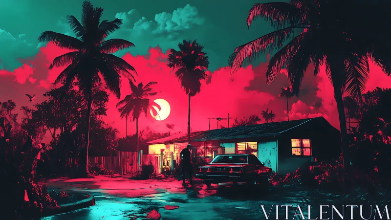 Neon-lit suburban house under vivid tropical night sky.