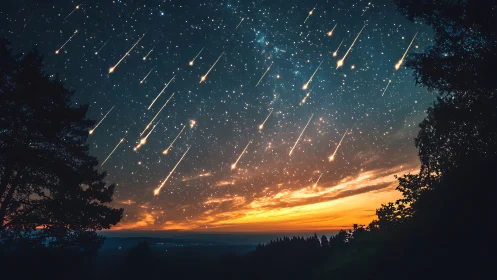 Meteor storm streaking across twilight forest sky.