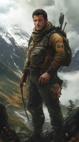 Mountain survival soldier with bow on stormy ridge.