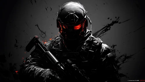 Tactical exosuit soldier with glowing visor in dark backdrop