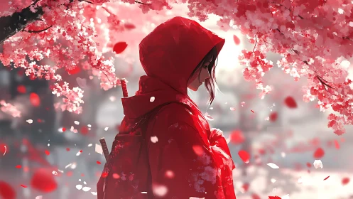 Red hooded girl beneath pink cherry blossoms in wind.