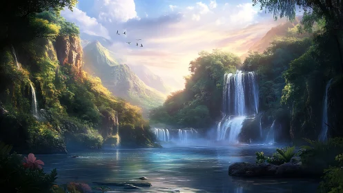 Sunlit waterfalls pour gently into a tranquil hidden lagoon
