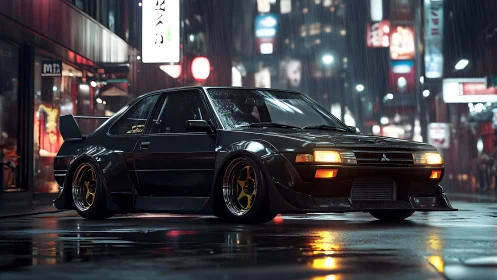 Rain-soaked Mitsubishi street racer in neon urban corridor.