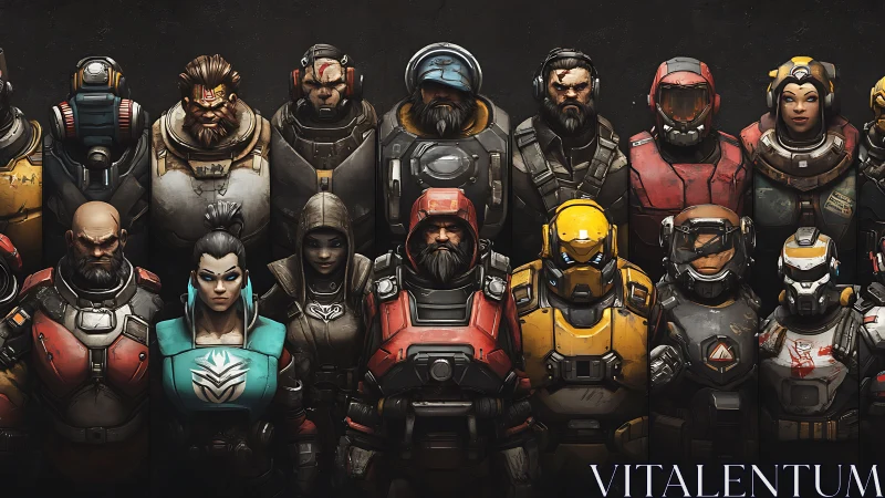 Armored sci fi heroes lineup in tactical exosuit portraits.