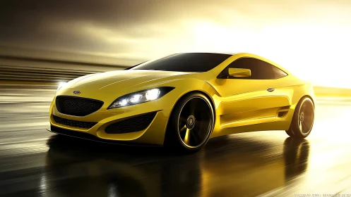 Yellow sports coupe rendered on reflective road surface.