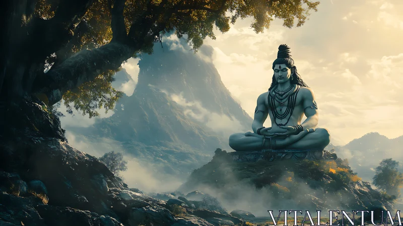 Mountain deity statue in misty forest valley at sunrise.