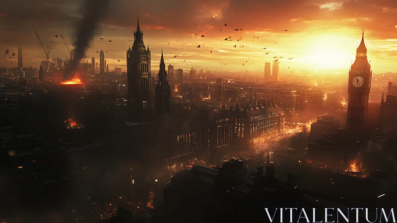 Urban skyline with fire damage under orange sunset light.