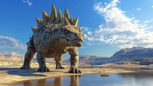 Armored dinosaur in dry lakebed under bright blue sky.