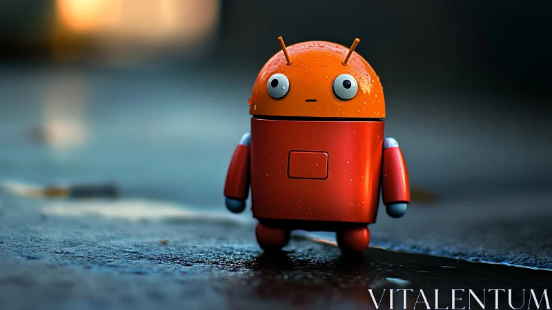 Red cylindrical robot figure on wet reflective pavement.