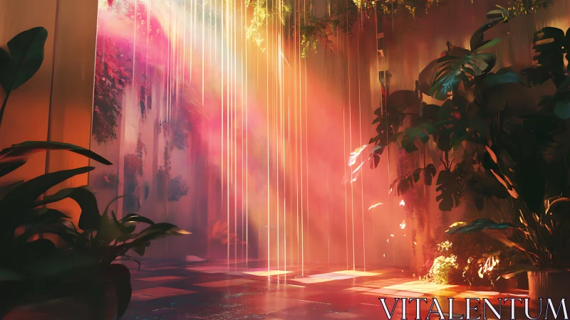 Luminous indoor jungle bathed in cascading sunset beams.