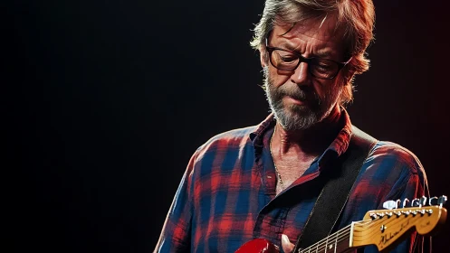 Guitarist in plaid shirt focused on electric performance.