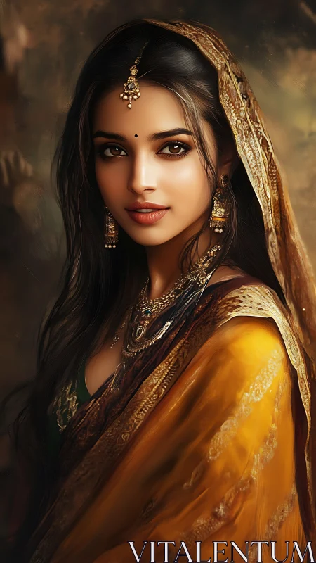 Graceful woman in golden sari with gentle, welcoming gaze.