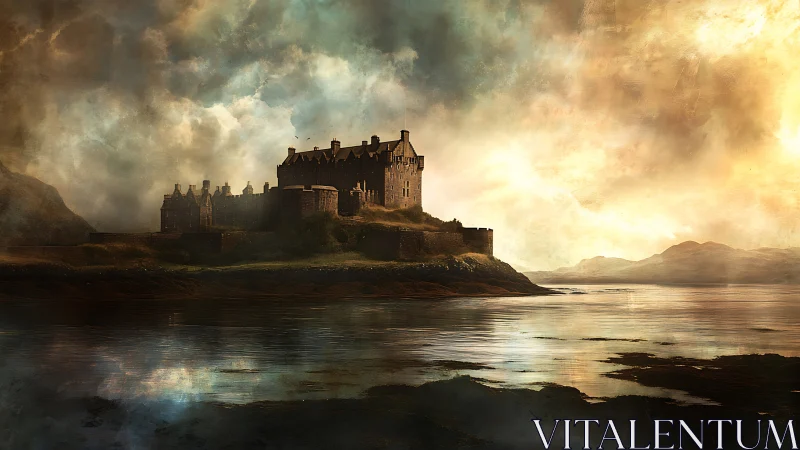 Medieval Fortress Silhouette with Atmospheric Luminescence Over Water.