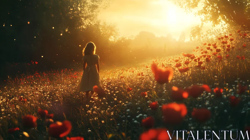 Figure stands in backlit wildflower field under low sun