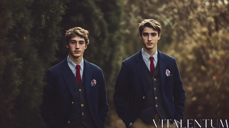 Twin brothers in tailored navy suits on a quiet garden path.