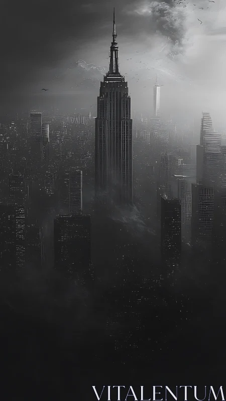 Monochrome skyscraper piercing stormy urban skyline shroud.