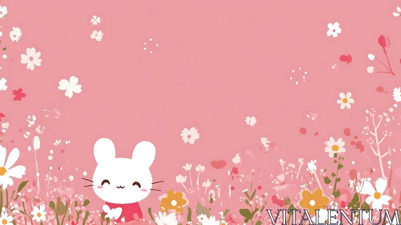 Cartoon mouse stands in stylized floral field on pink background