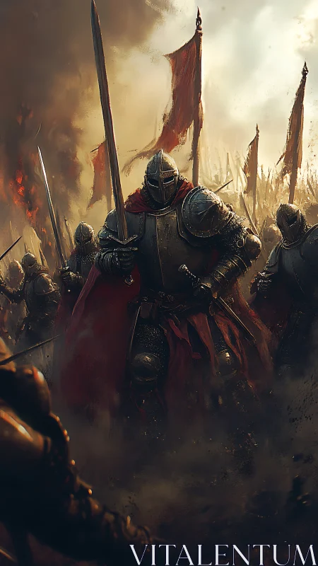 Armored warlord advancing through smoke on burning battlefield.