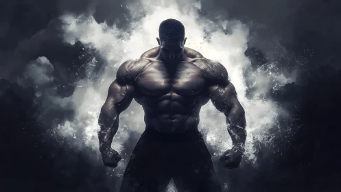 Stormforged bodybuilder emerging from shadowed thunderclouds.