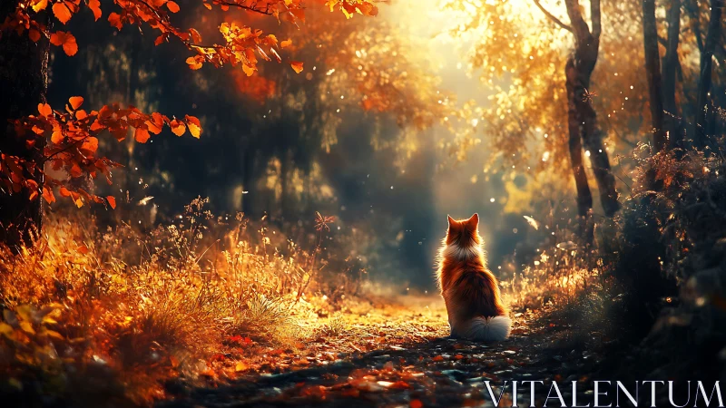 Cat in Autumn Forest Path, Warm Golden Light, Dreamy Style.