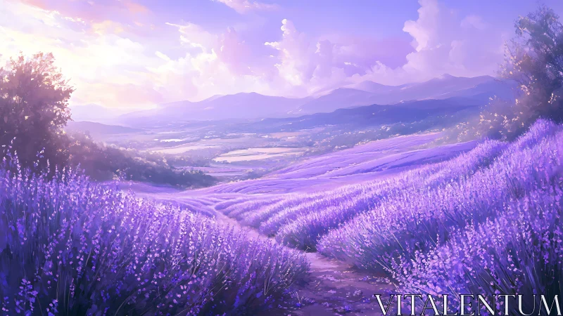 Lavender hills glowing under a dreamy, sunlit sky.
