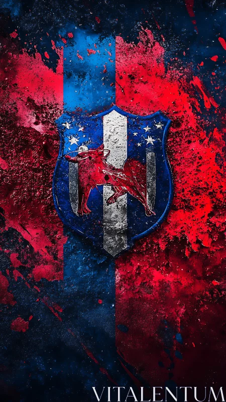 Bold red and blue crest stands strong in a splattered world