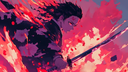 Fiery warrior steadies a glowing katana amid swirling flames