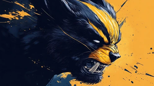 Ferocious stylized wolverine head on split color field.
